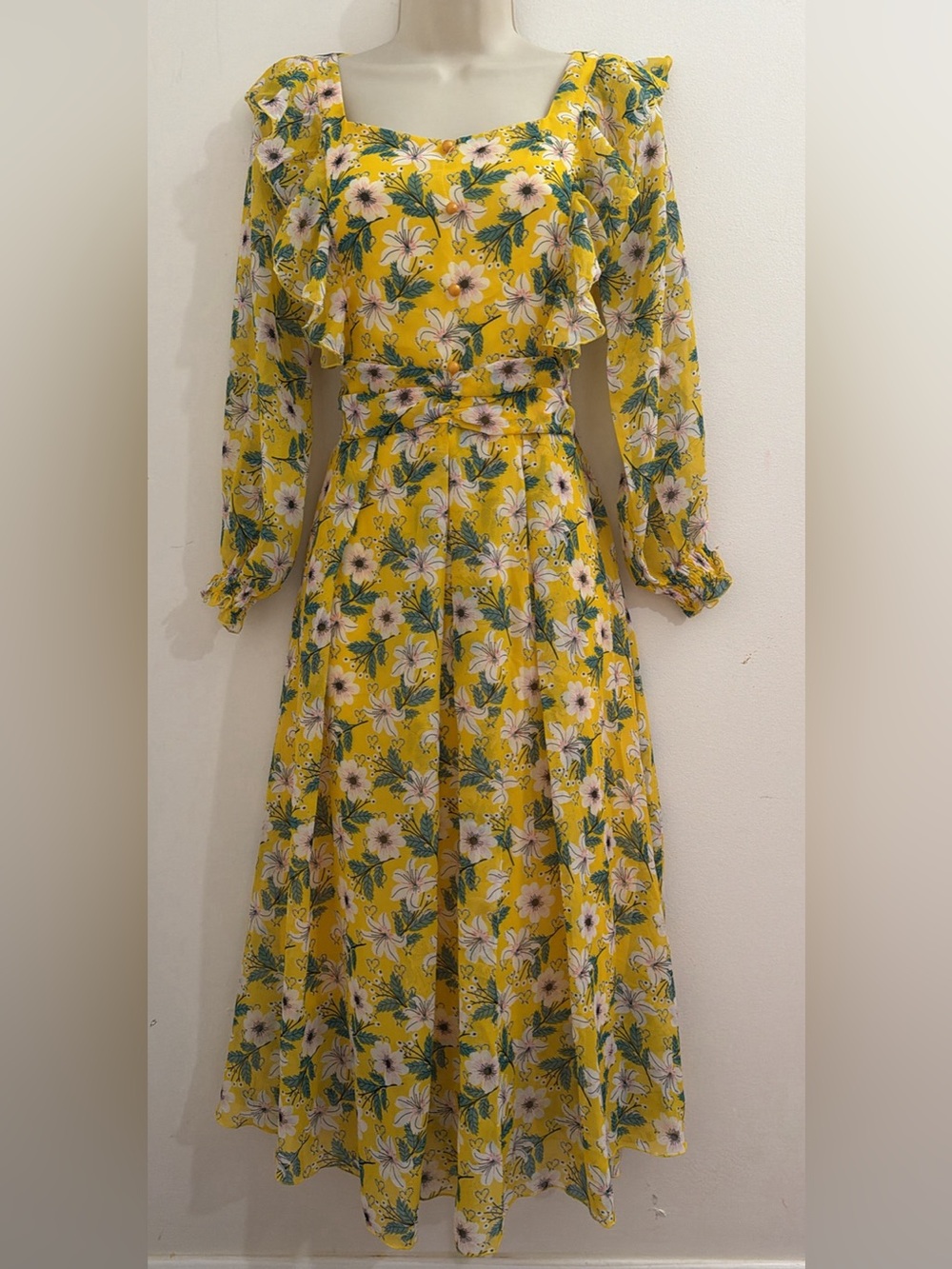 Yellow Floral Long Sleeve Midi Dress can fit s and m - Picture 3 of 7